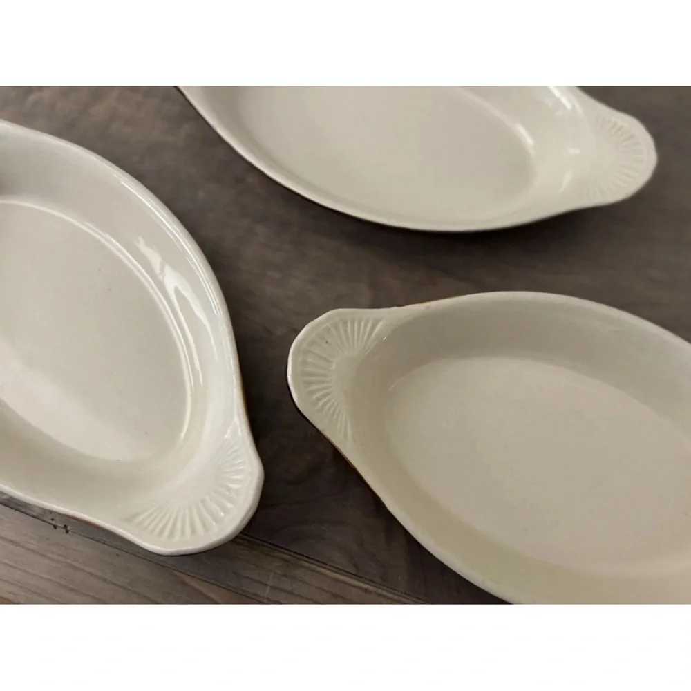 VTG HALCO Korea Ceramic Oval Au Gratin Baking Dish Set Brown Cream Oven Safe 3PC